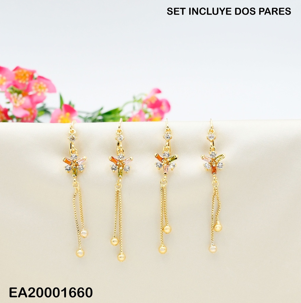 PAQUETE 2 PARES ARETES HUGGIES LARGOS FLOR ZIRC.DOR