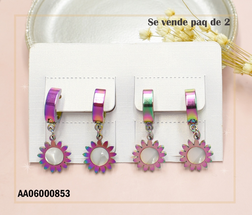 PAQUETE 2 PARES ARETES HUGGIES TORNASOL COLGAR FLOR