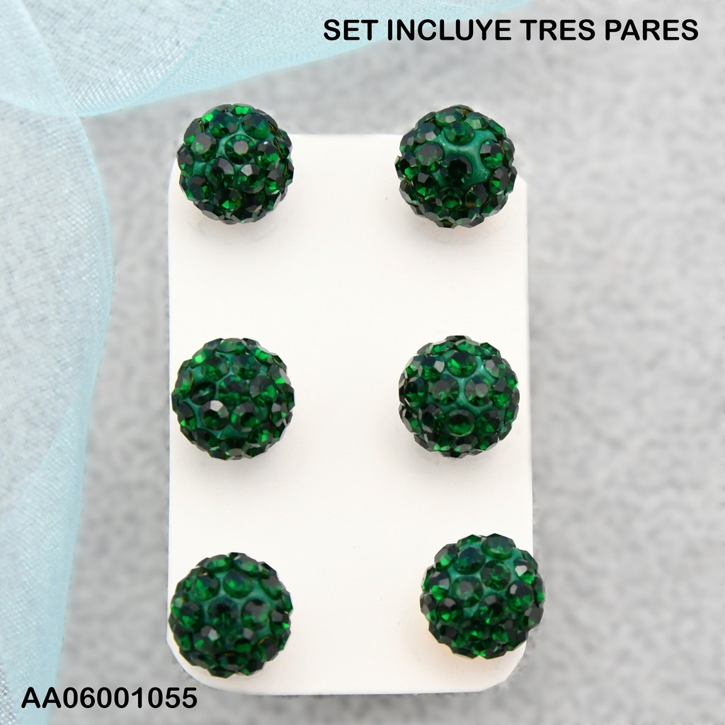 PAQUETE 3 PARES ARETES BOLA DE FUEGO  VERDE