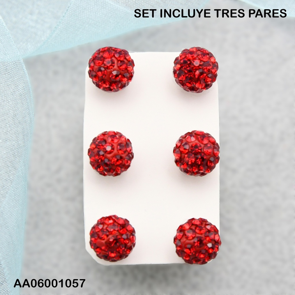 PAQUETE 3 PARES ARETES BOLA DE FUEGO ROJAS