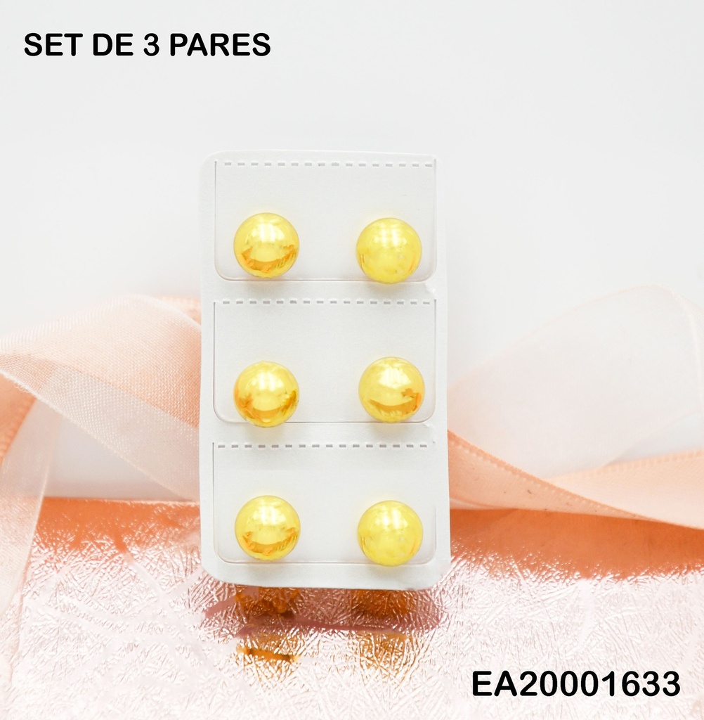 PAQUETE 3 PARES ARETES ESFERAS DORADAS 45MM