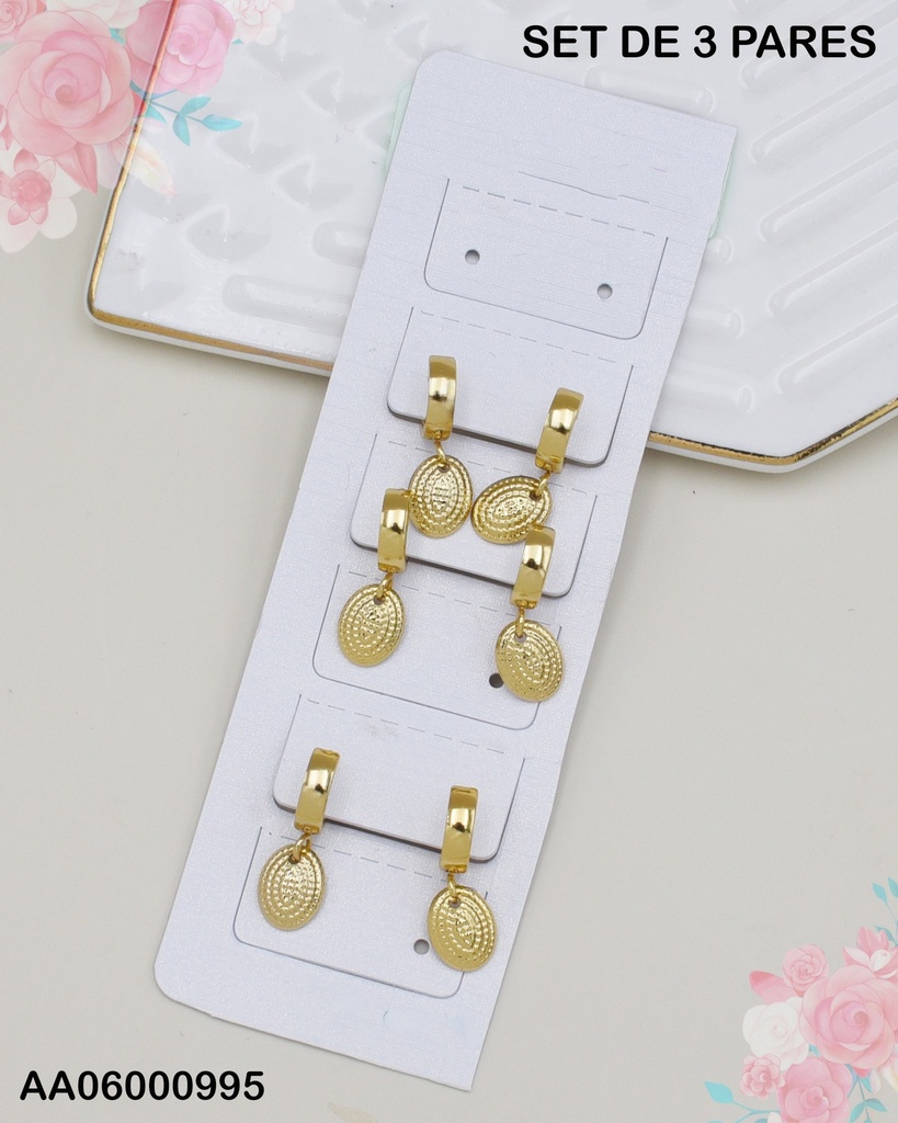 PAQUETE 3 PARES ARETES HUGGIES  ÓVALO GRABADO