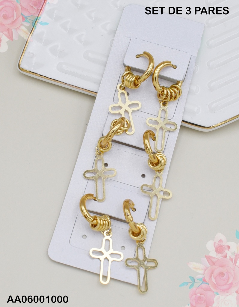 PAQUETE 3 PARES ARETES HUGGIES CROQUI DE CRUCES