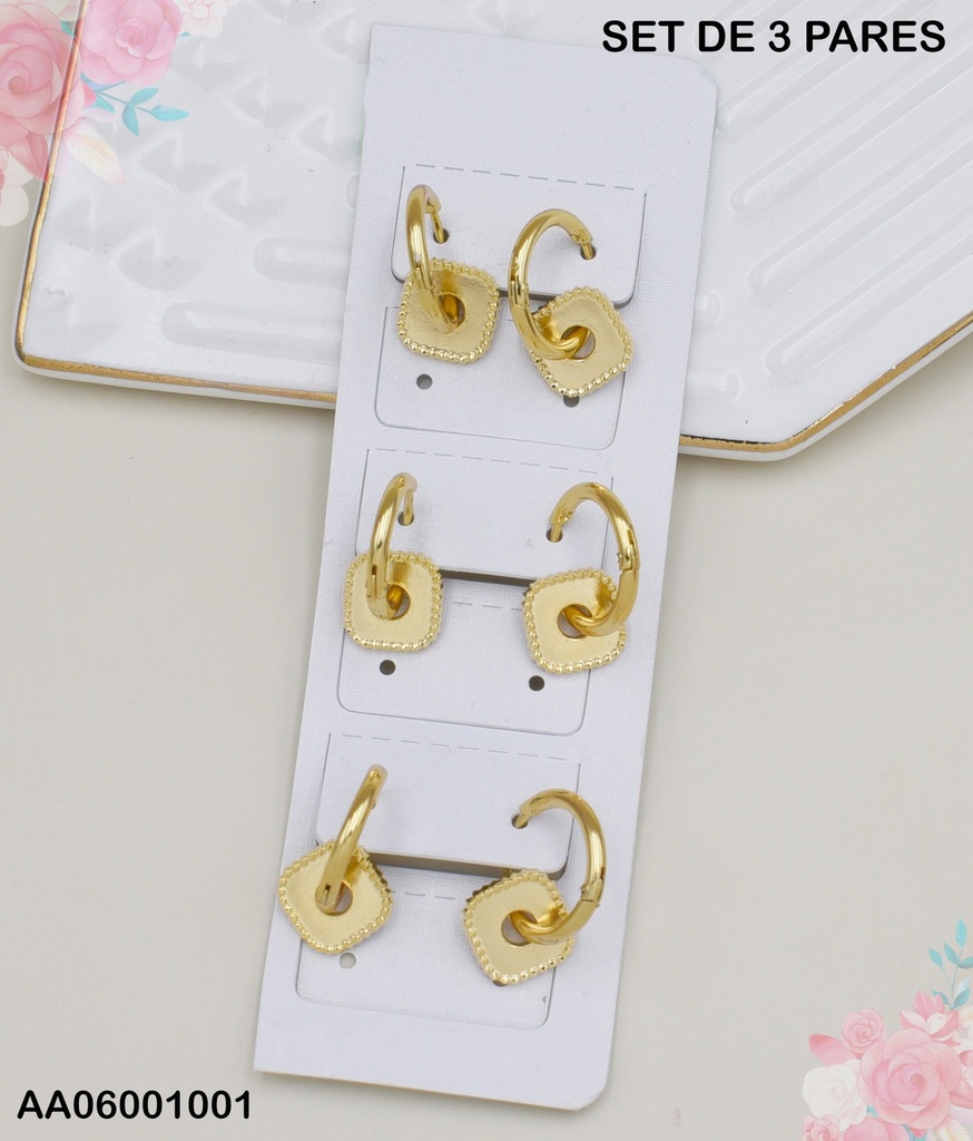 PAQUETE 3 PARES ARETES HUGGIES ROMBO DORADO ATRAVESADO