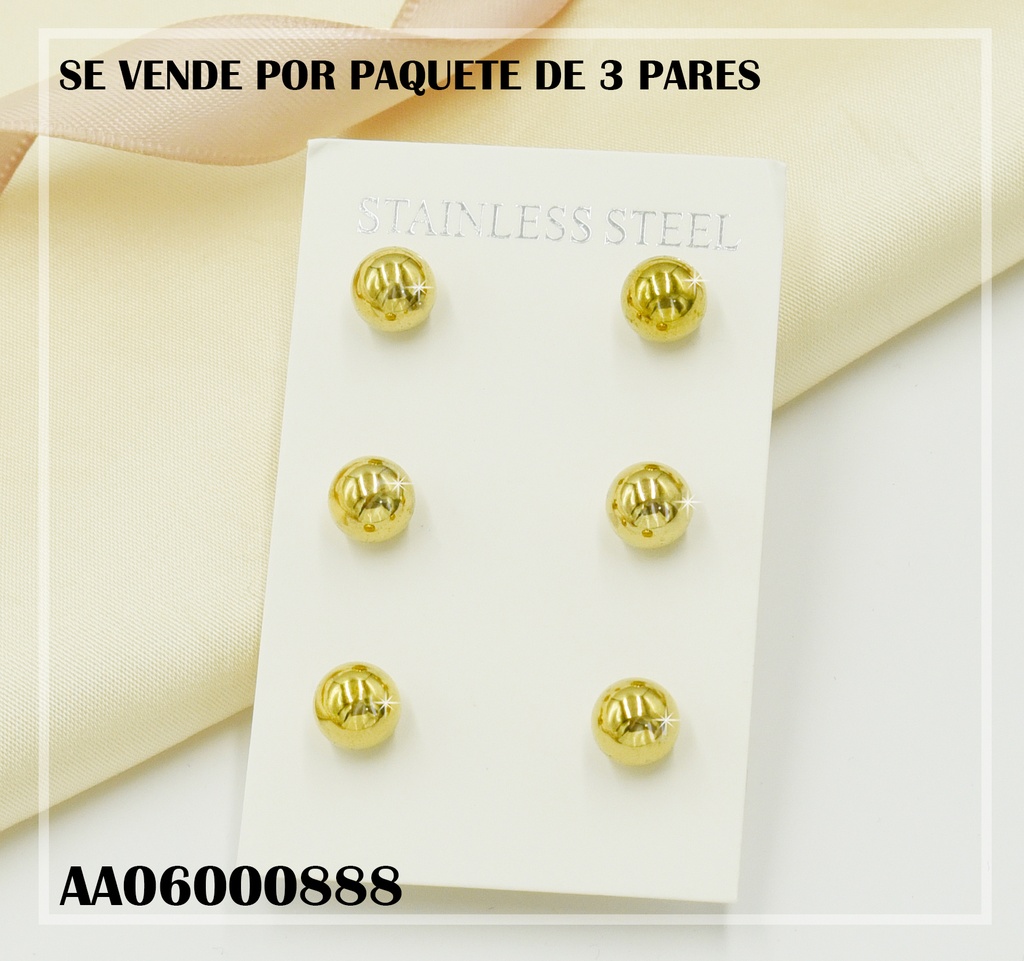 PAQUETE 3 PARES ARETES PELOTAS DORADAS