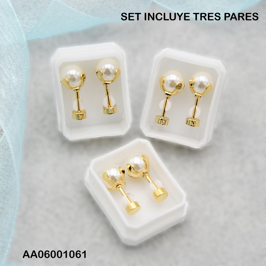 PAQUETE 3 PARES ARETES PERLA C/PROTECTOR