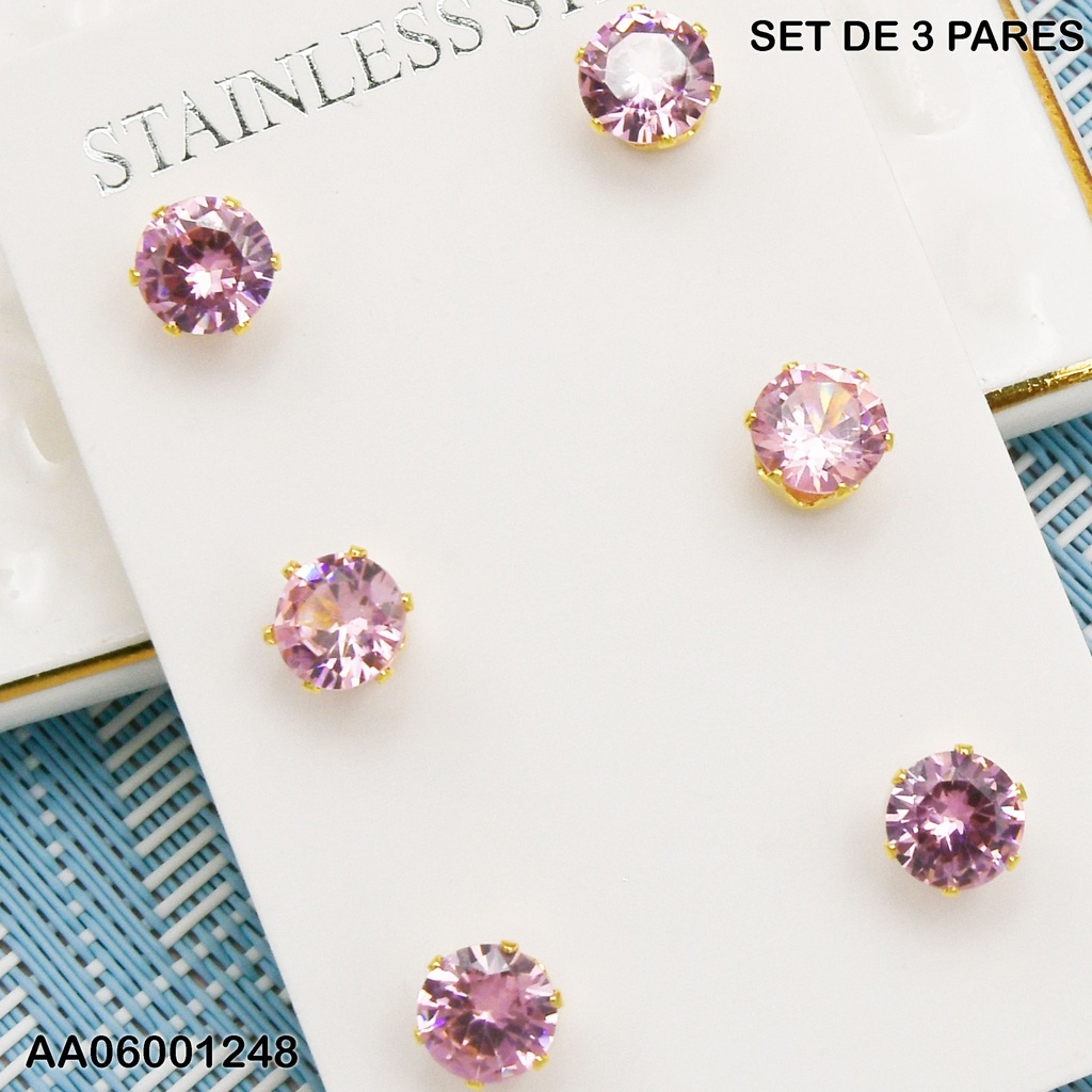 PAQUETE 3 PARES ARETES ZIRCONIAS RD ROSADAS