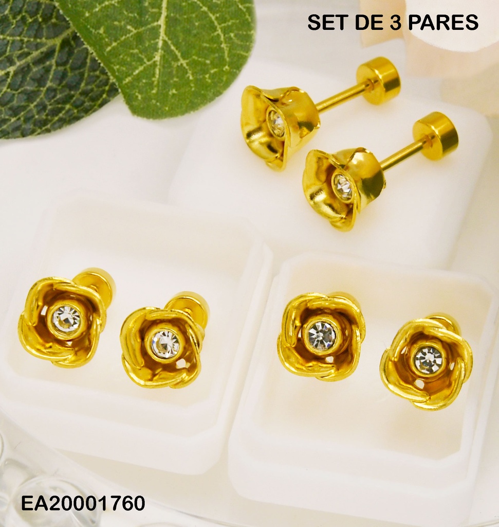 PAQUETE 3 PARES FLOR CON ZIRCONIA CENTRO