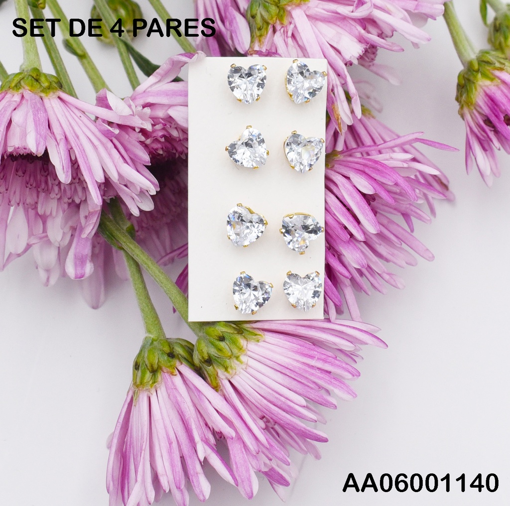 PAQUETE 4 ARETES CORAZÓN ZIRC DORADAS 7MM
