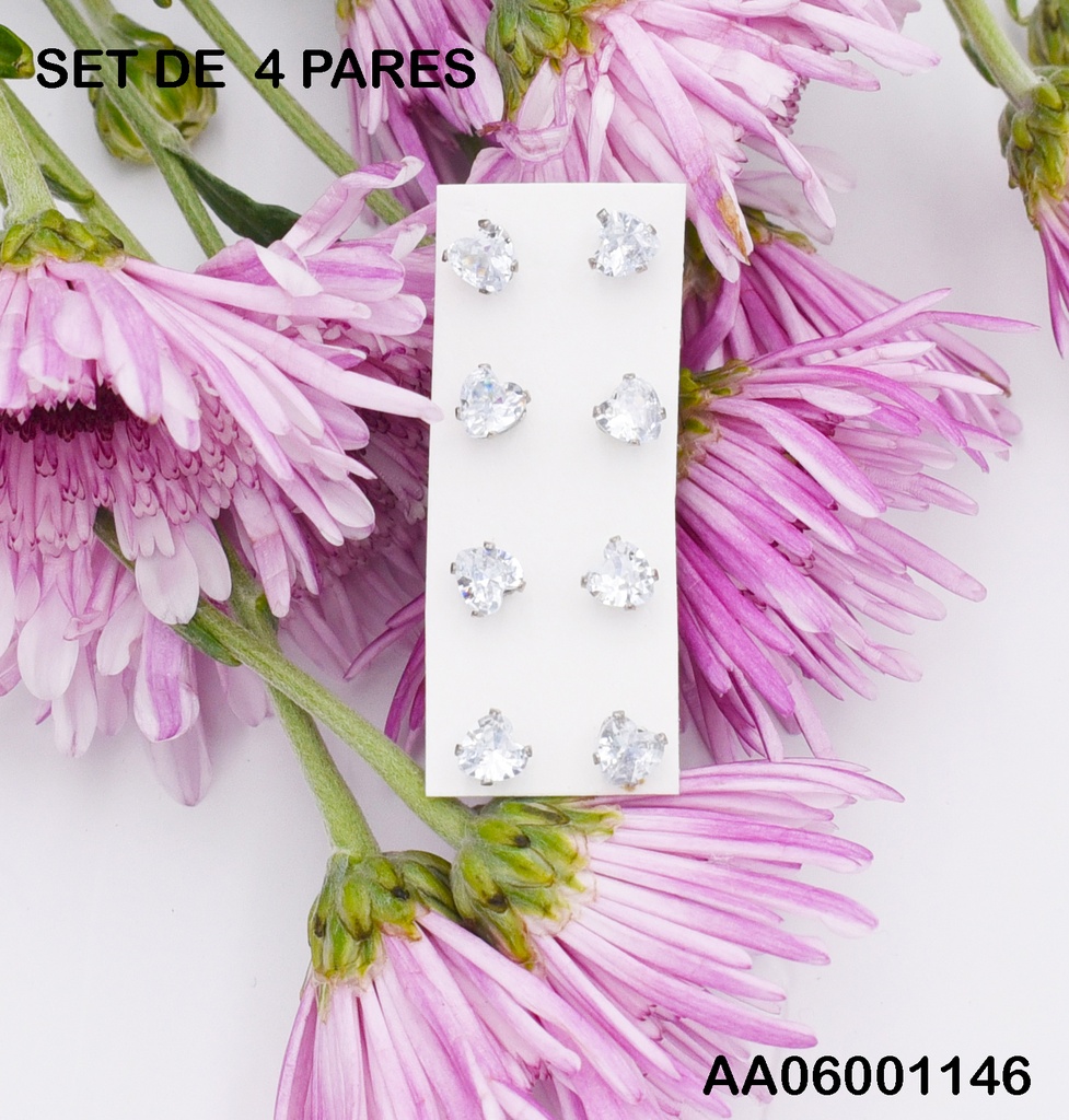 PAQUETE 4 ARETES ZIRCONIAS CORAZÓN PLATEADA 5MM