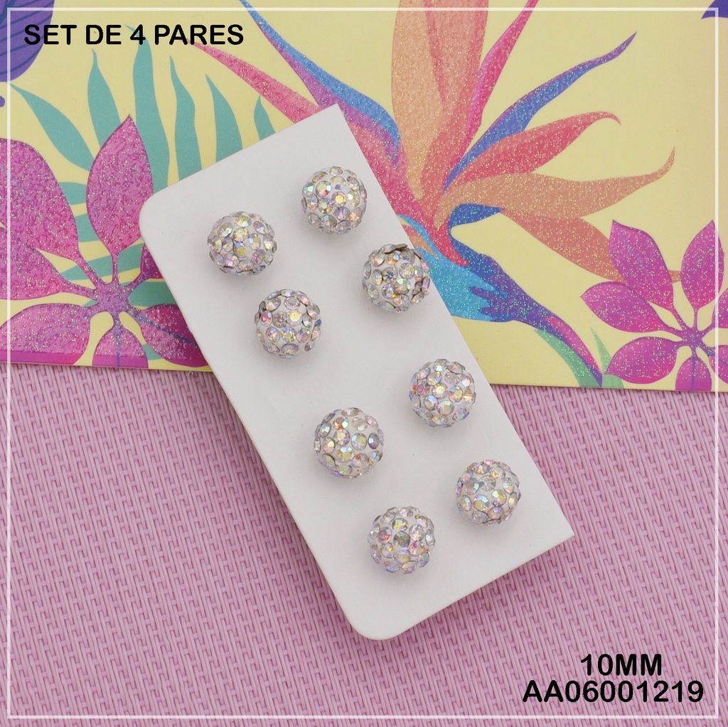 PAQUETE 4 PARES ARETES BOLA DE FUEGO PLATEADA 10MM