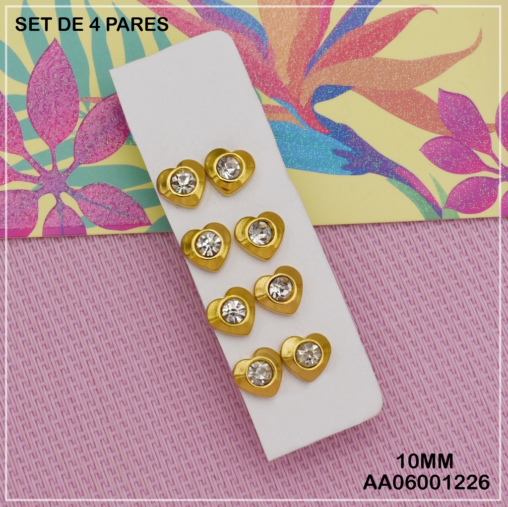 PAQUETE 4 PARES ARETES CORAZÓN ZIRC.RD CENTRO 10MM
