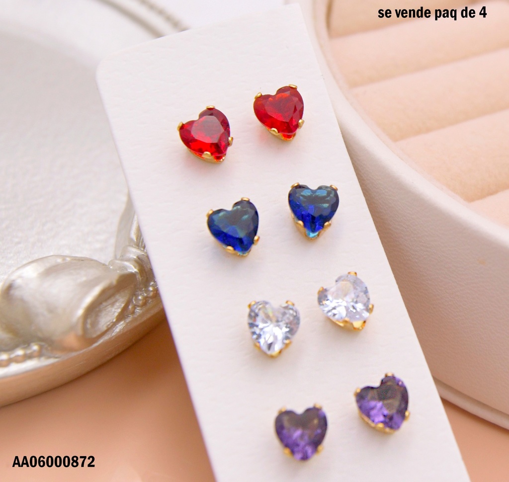 PAQUETE 4 PARES ARETES ZIRCONIA ♥ COL.VARIOS 6MM
