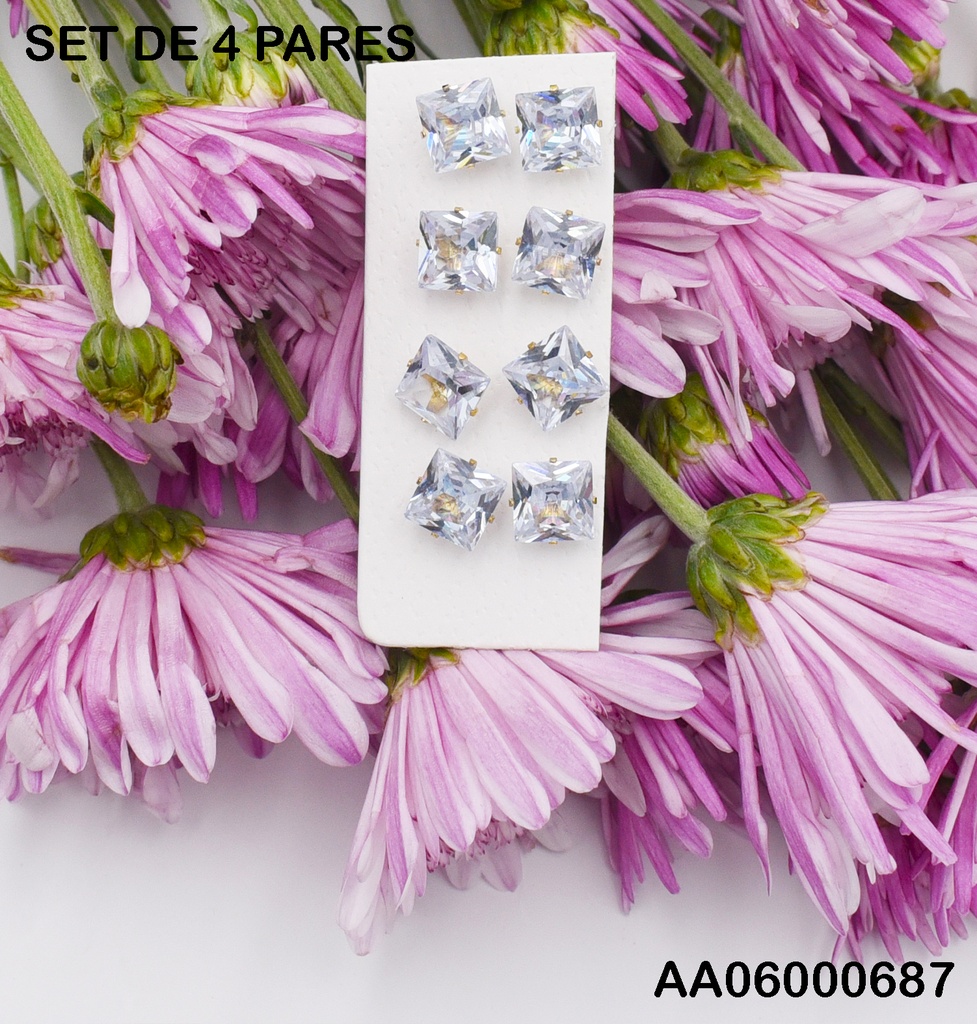 PAQUETE 4 PARES ARETES ZIRCONIAS DORADAS ⬜ 8MM