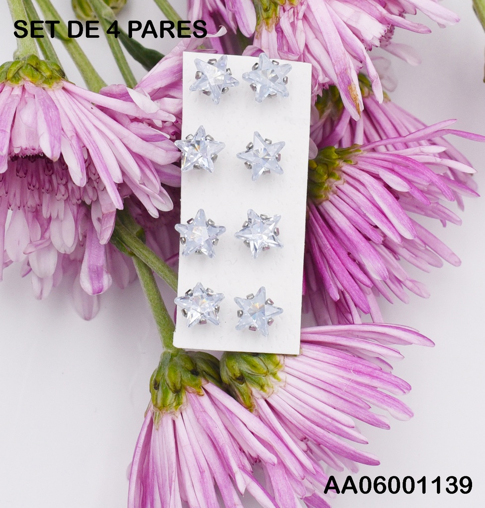 PAQUETE 4 PARES ZIRCONIAS ESTRELLAS PLATEADAS 8MM