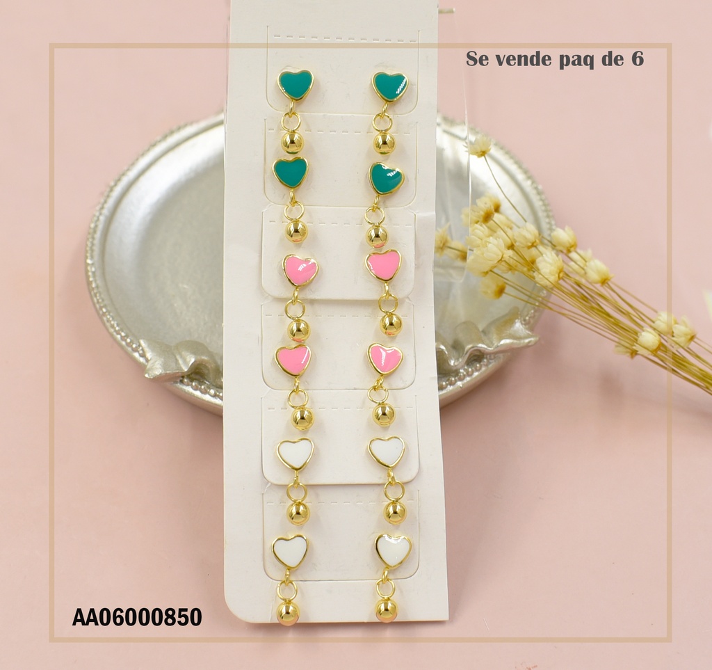PAQUETE 6 PARES ARETES CORAZONES COL.VARIOS