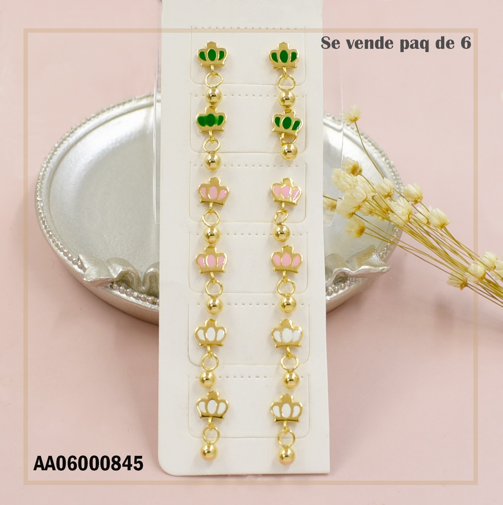 PAQUETE 6 PARES ARETES CORONAS COL.VARIOS