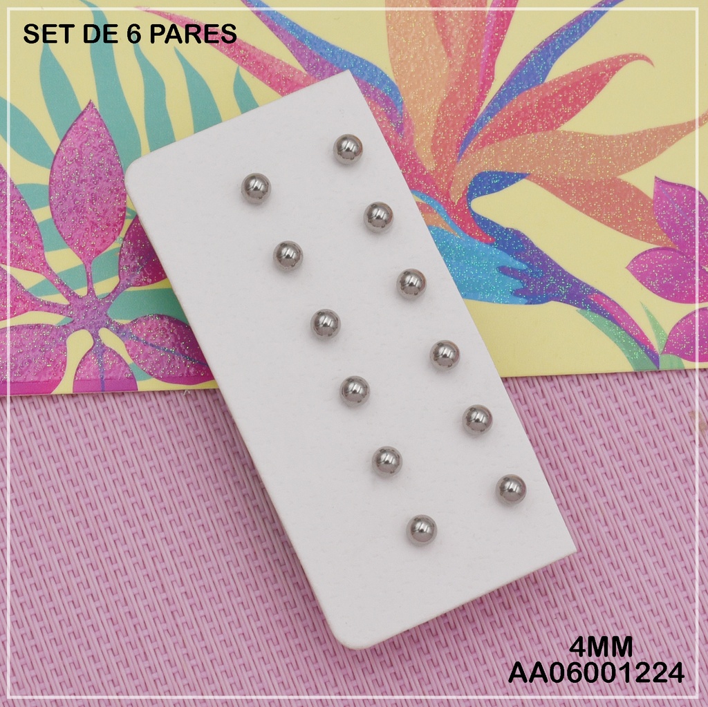 PAQUETE 6 PARES ARETES ESFERAS PLATEADAS 4MM