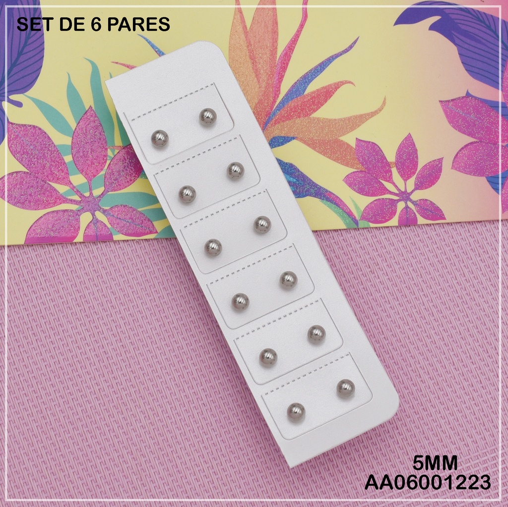 PAQUETE 6 PARES ARETES ESFERAS PLATEADAS 5MM