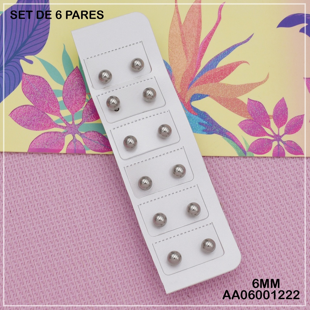 PAQUETE 6 PARES ARETES ESFERAS PLATEADAS 6MM
