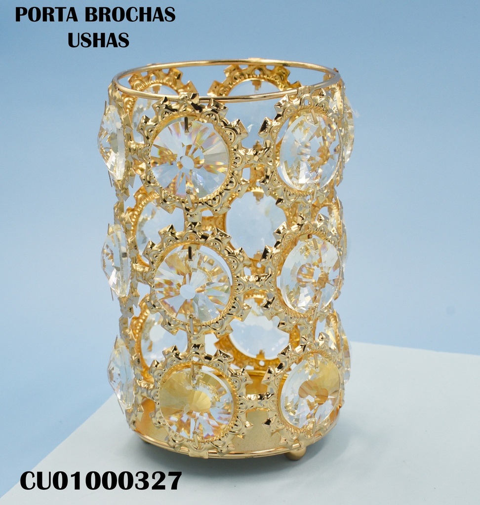 PORTA BROCHAS DORADO CON CRISTALES REDONDOS