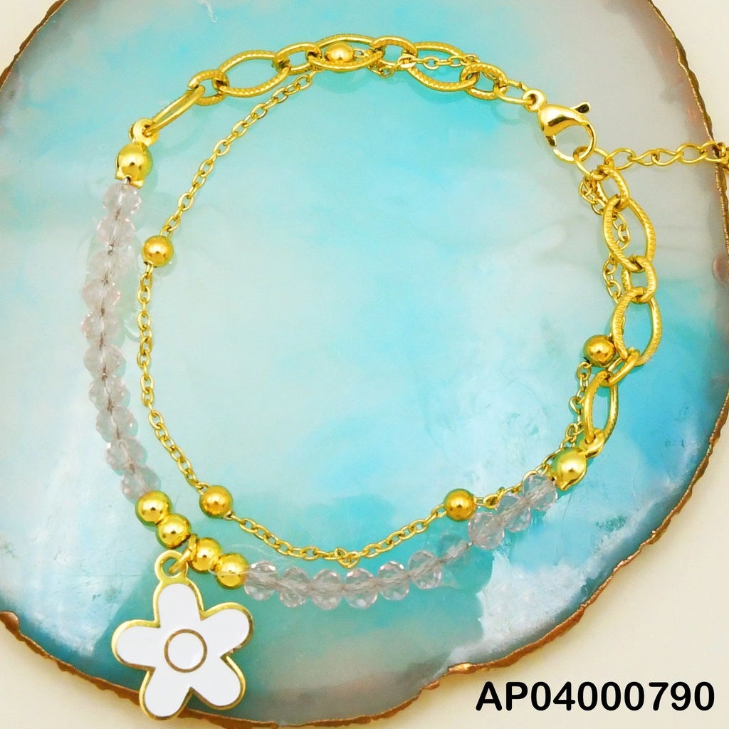 PULSERA  DOBLE CRISTALES ROSAS/PELOTITAS DOR.DIJE:FLOR BLANCA