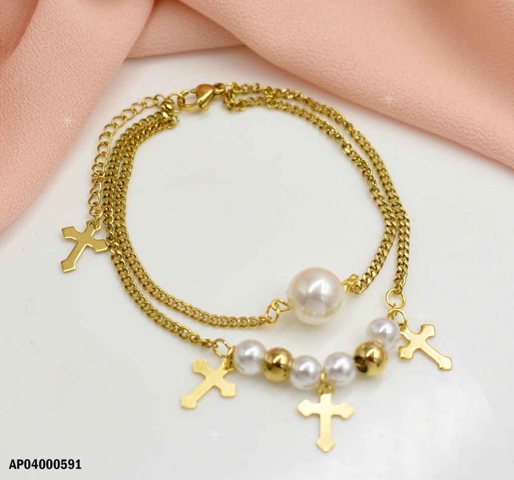 PULSERA  PERLITAS/PELOTITAS DOR. DIJES  CRUCES
