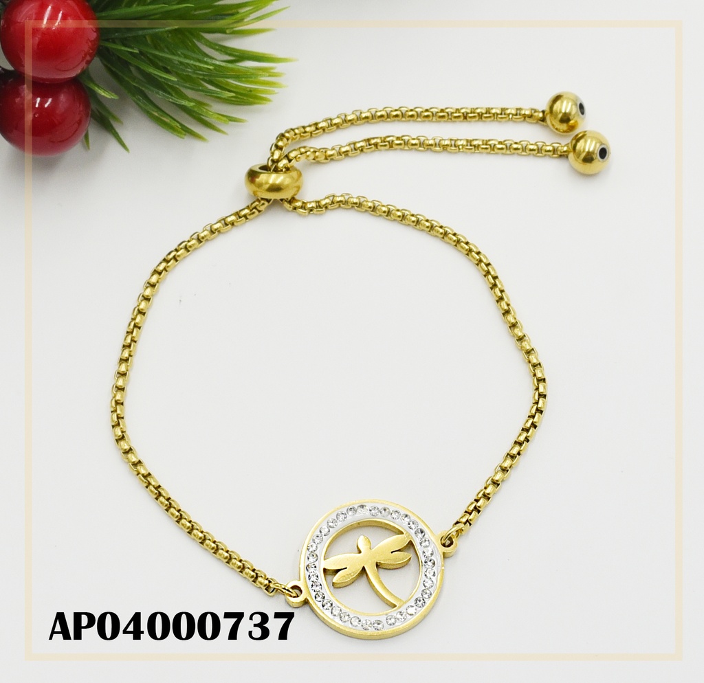 PULSERA AJUSTABLE DIJE CÍRCULO ZIRC C/CENTRO LIBÉLULA