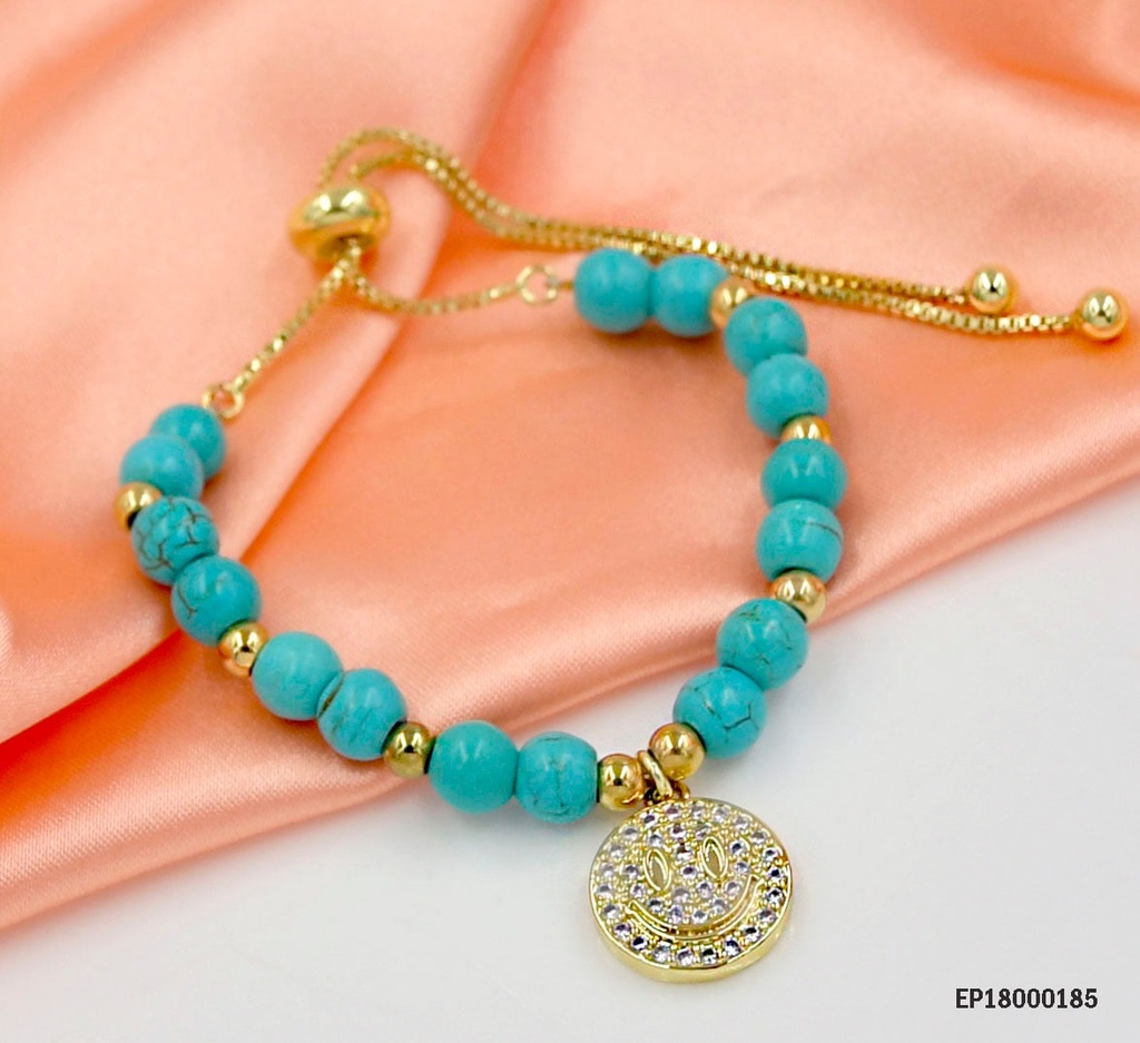 PULSERA AJUSTABLE PELOTAS TURQUESA DIJE REDONDEO ZIRCONIAS