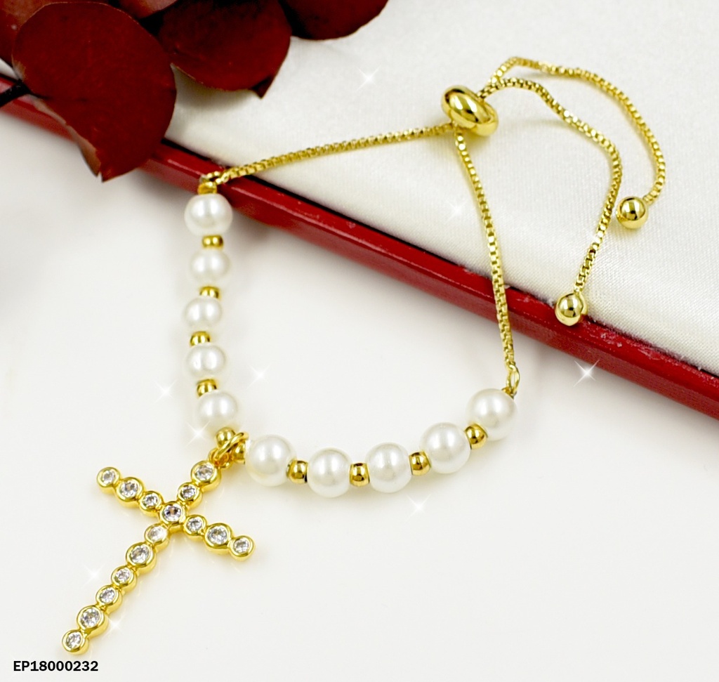 PULSERA AJUSTABLE PELOTITAS BLANCAS DIJE CRUZ GRANDE ZIRCONIAS