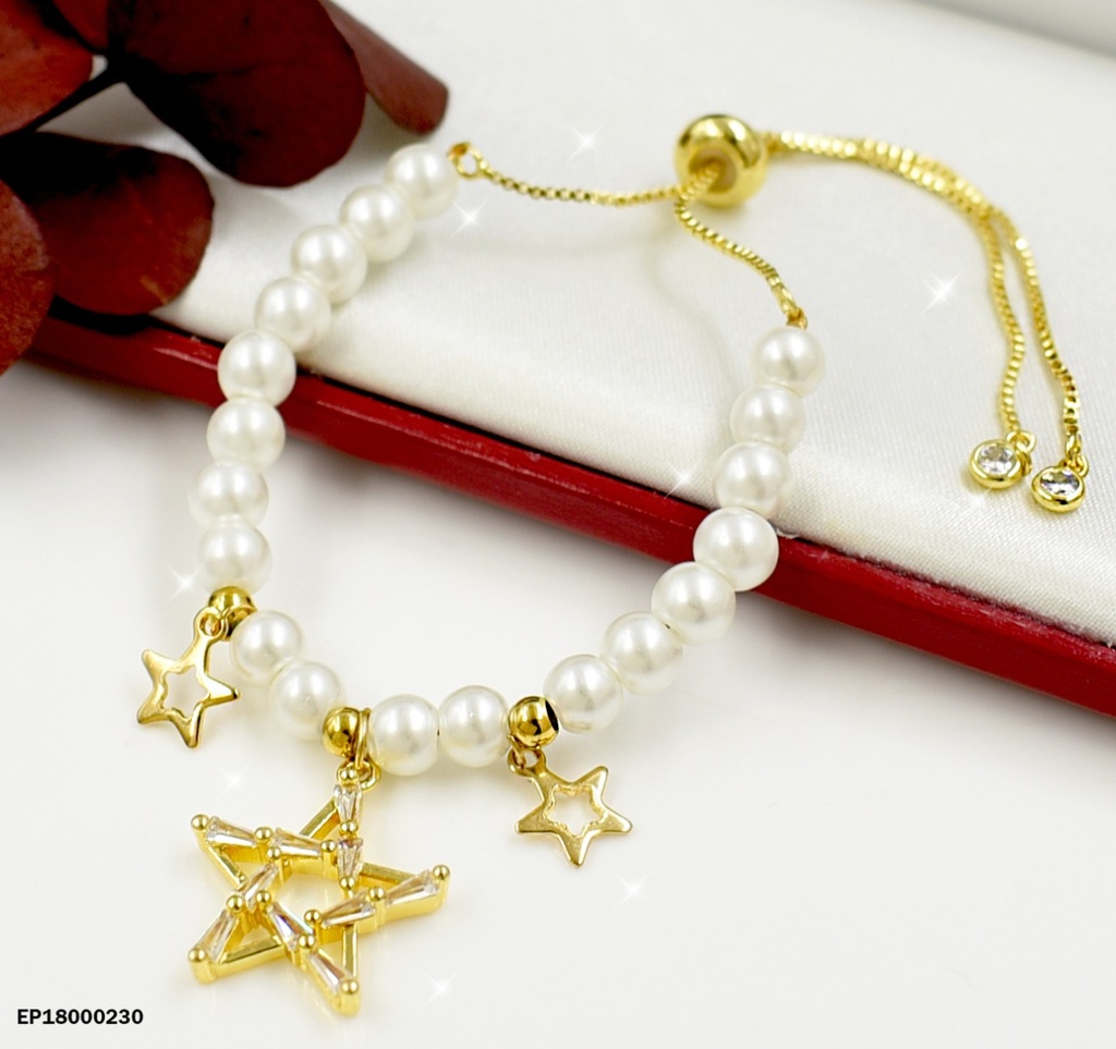 PULSERA AJUSTABLE PELOTITAS BLANCAS DIJE ESTRELLA
