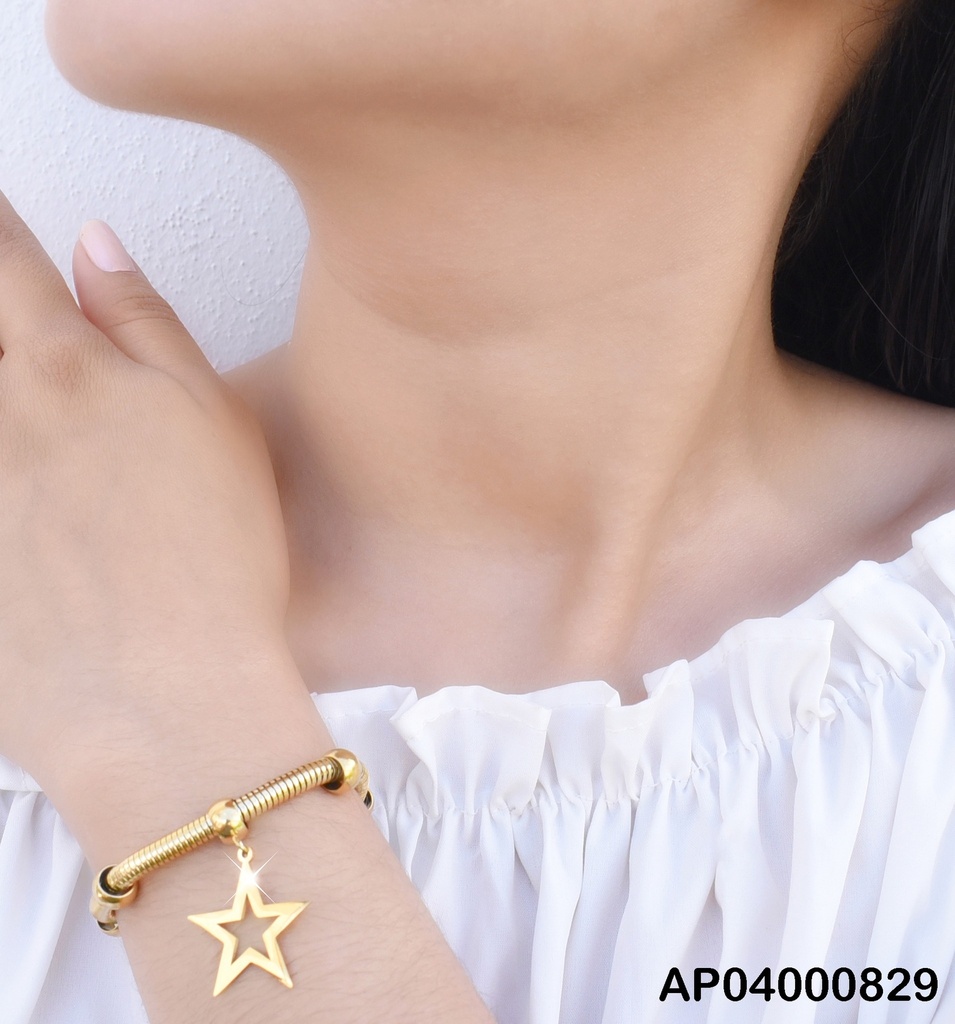 PULSERA ANCHA C/ESFERAS DORADAS DIJE CROQUI ESTRELLA