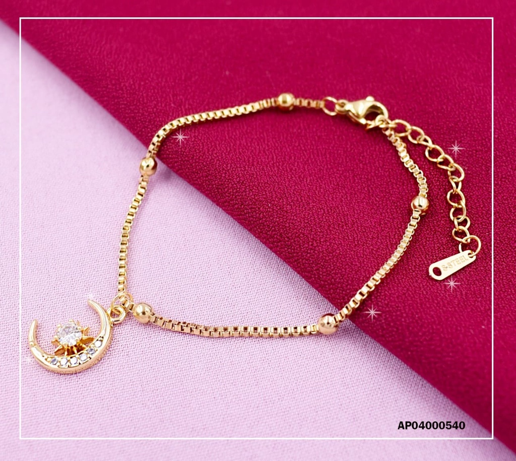 PULSERA CADENA FINA PELOTITAS,DIJE LUNA/ESTRELLA CENTRO