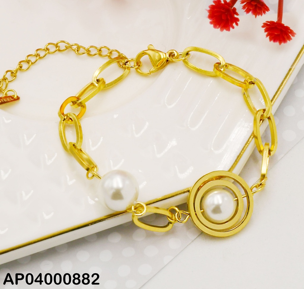 PULSERA CENTRO PERLA DOBLE CÍRCULOS DORADOS/PERLA