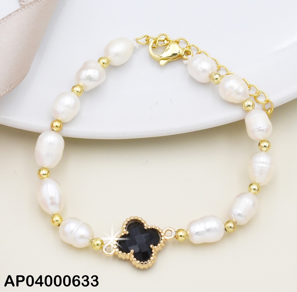 PULSERA CILINDROS BLANCOS DIJE FLOR NEGRA 4 PET.