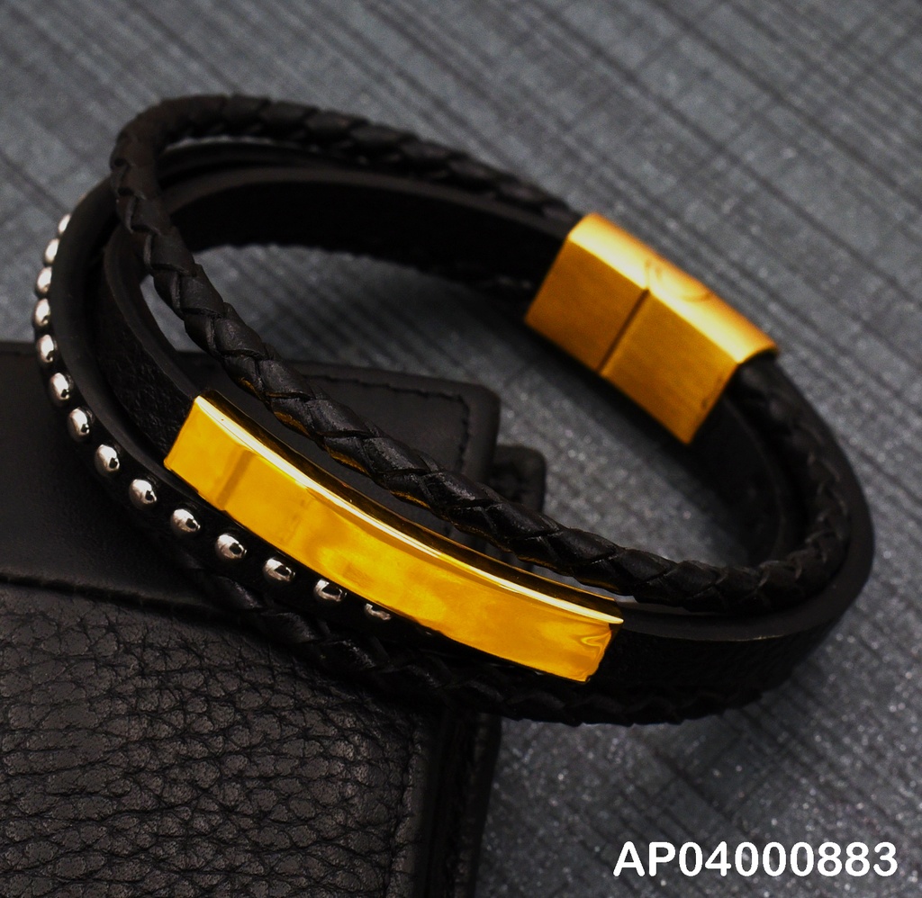 PULSERA CUADRÚPLE CUERO-DORADO PARA VARÓN