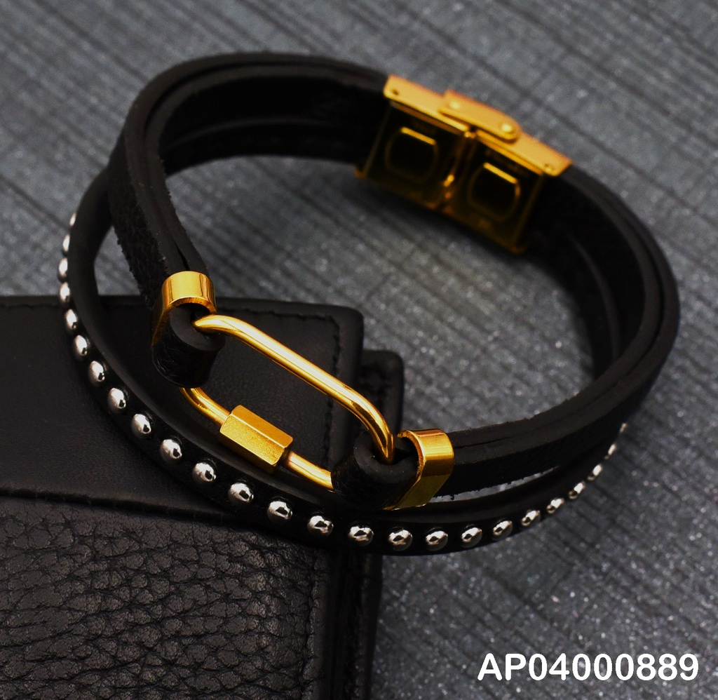PULSERA CUERO-DORADO ÓVALO CENTRO PARA VARÓN