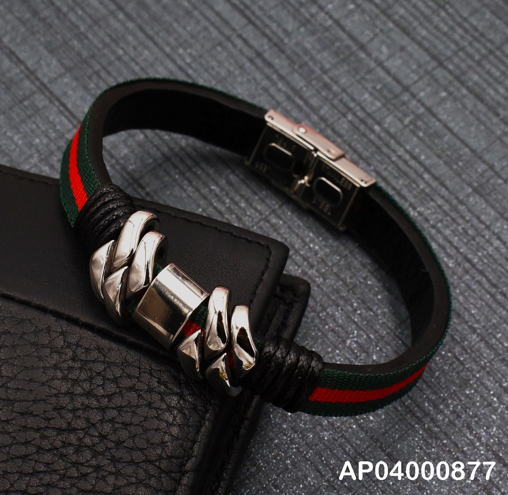 PULSERA CUERO/ACERO PARA VARÓN LÍNEAS VERDES/ROJA