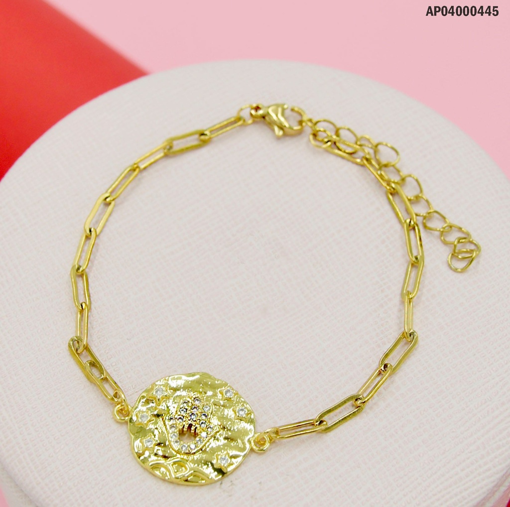 PULSERA DIJE PLACA REDONDA CON MANITO DE ZIRCONIAS