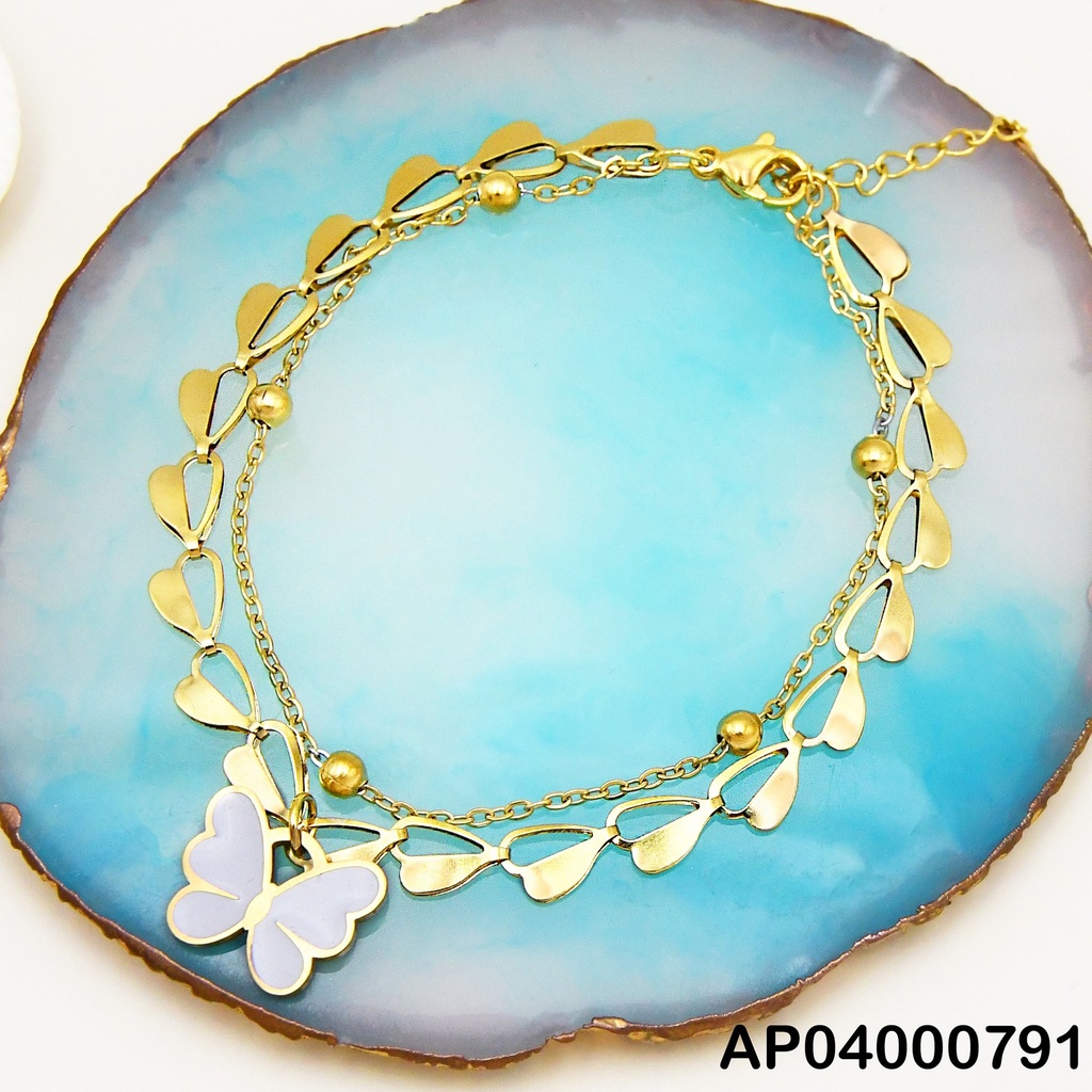 PULSERA DOBLE CORAZONES-PELOTITAS DOR DIJE MARIPOSA BLANCA
