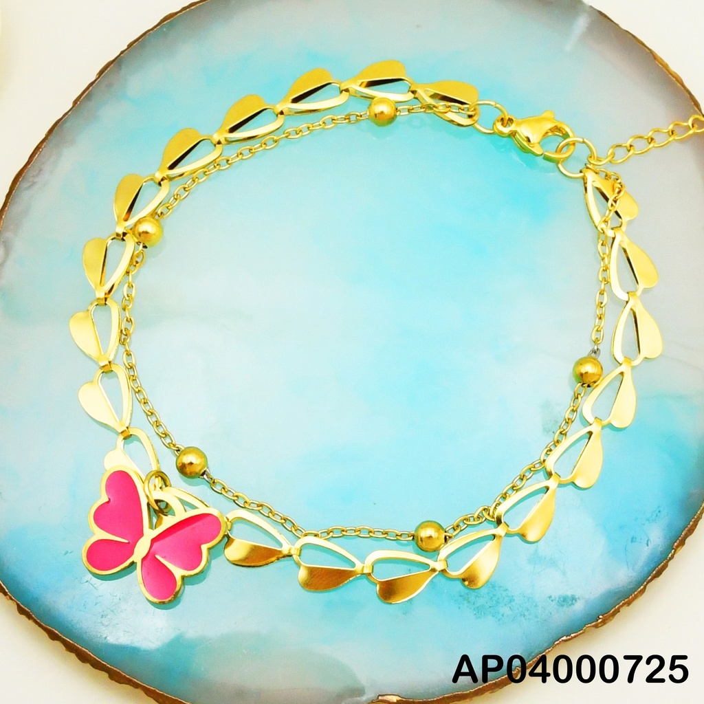 PULSERA DOBLE CORAZONES-PELOTITAS DOR DIJE MARIPOSA FUCSIA