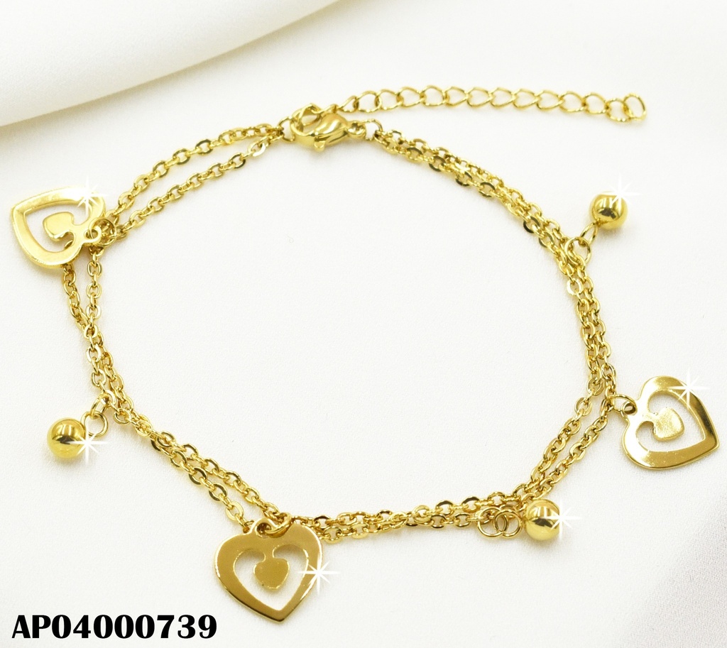PULSERA DOBLE CROQUI CORAZONES/PELOTITAS DORADAS