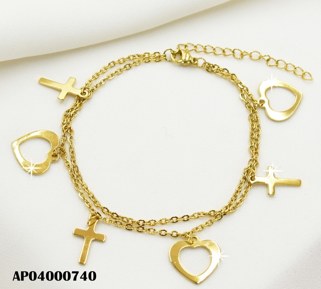 PULSERA DOBLE CROQUIS CORAZONES/CRUCES LISAS