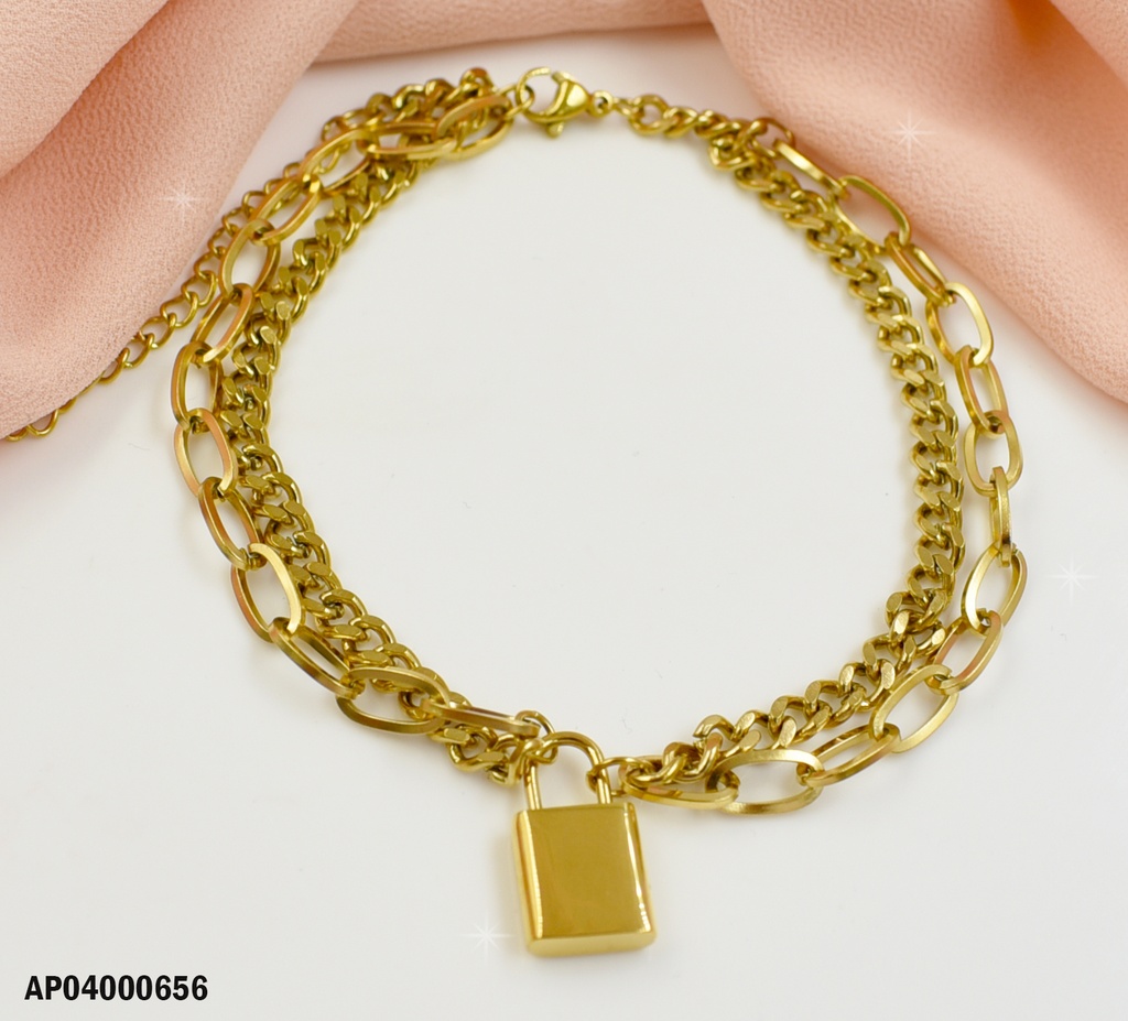 PULSERA DOBLE DIJE CANDADO DORADO