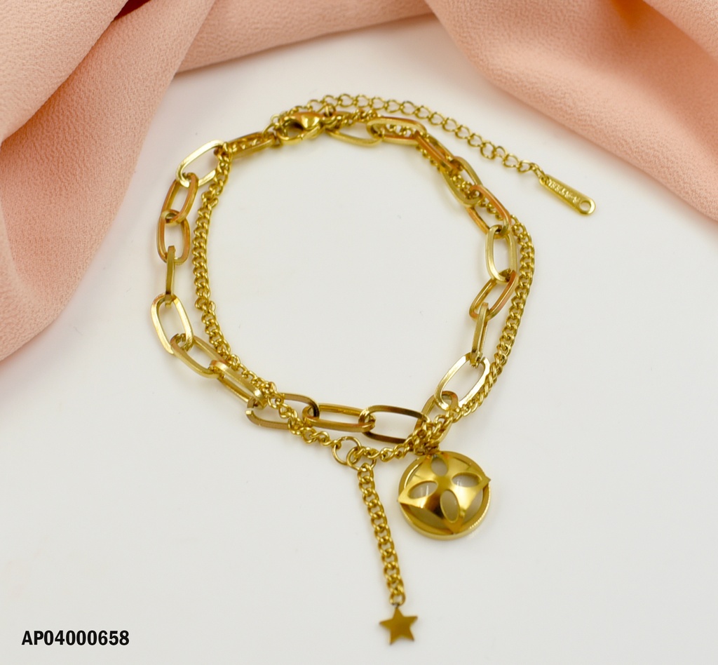 PULSERA DOBLE DIJE RECONDO HOJAS CALADAS EN CUADRO