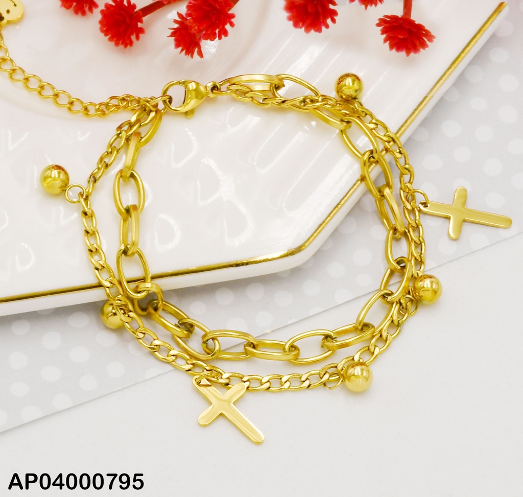 PULSERA DOBLE DIJES CRUCES/ESFERAS DORADAS