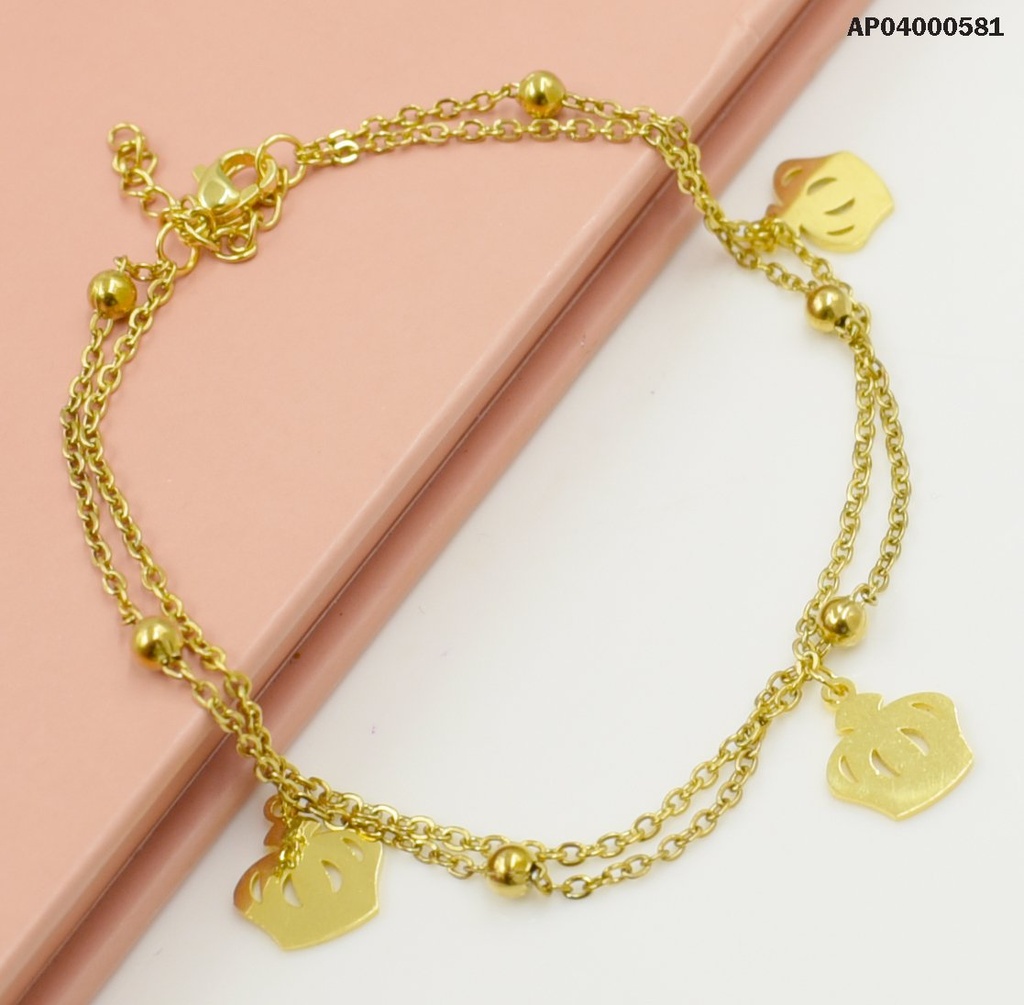 PULSERA DOBLE DIJES PELOTITAS DORADAS Y CORONA
