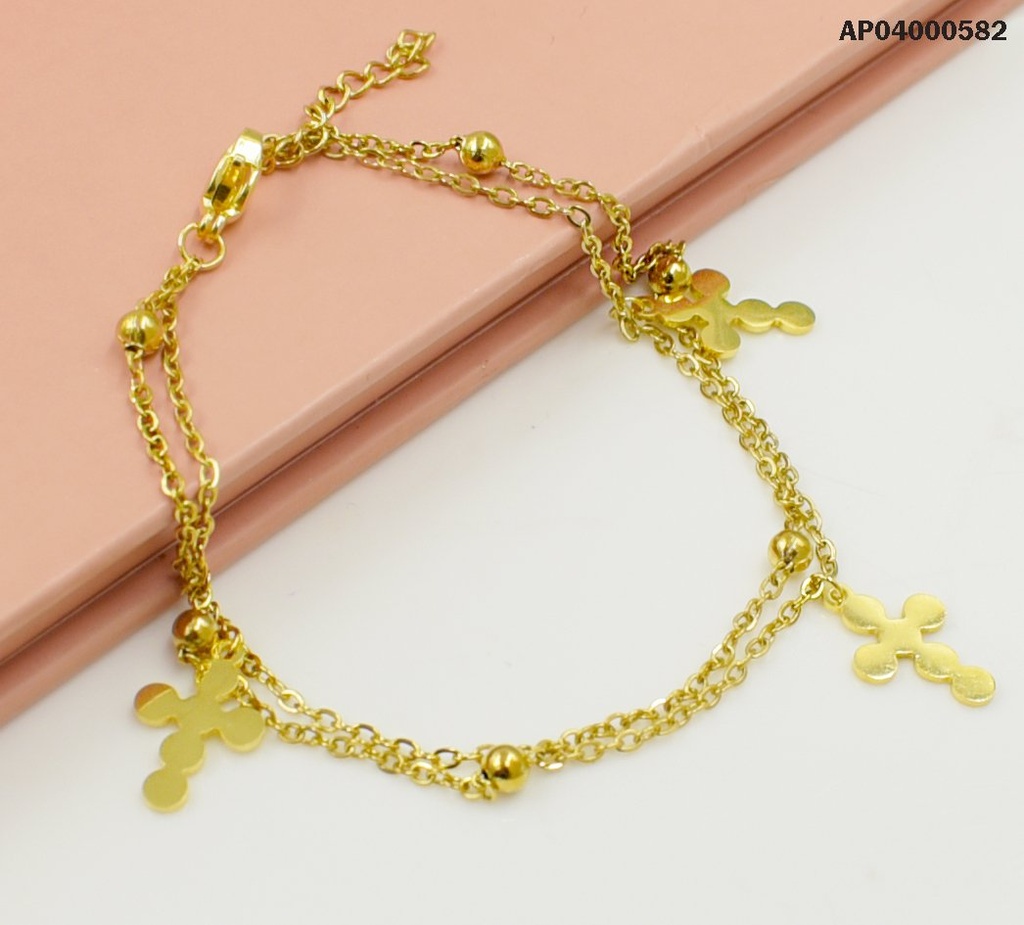 PULSERA DOBLE DIJES PELOTITAS DORADAS Y CRUCES