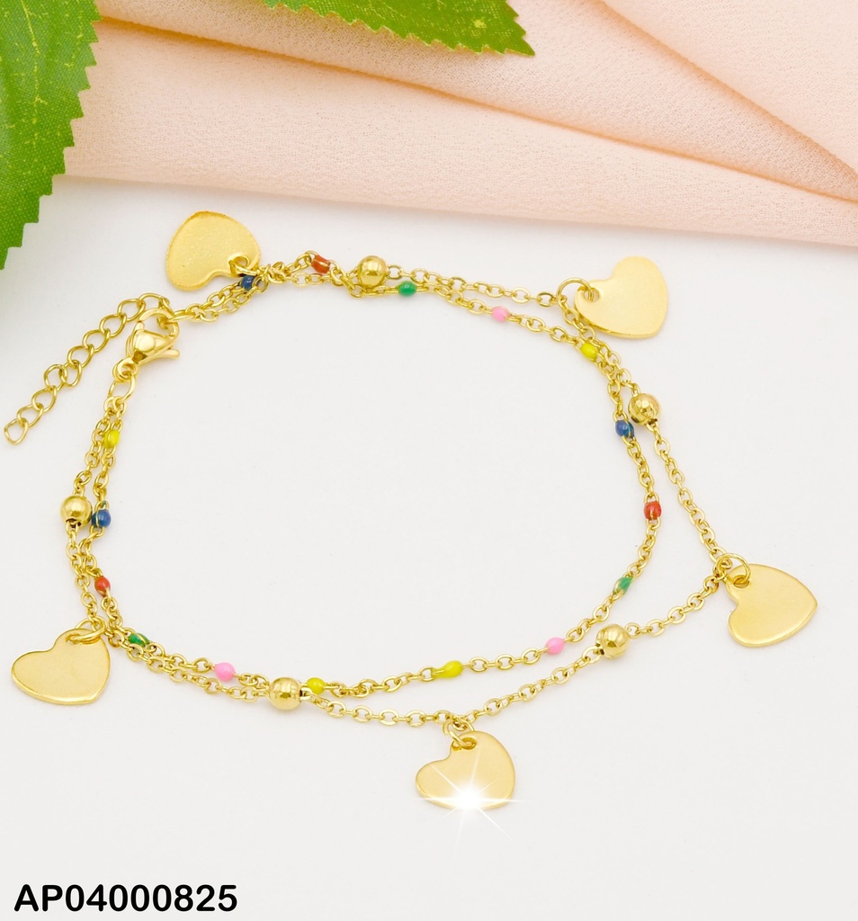 PULSERA DOBLE ESFERAS COL/PLACAS CORAZÓN