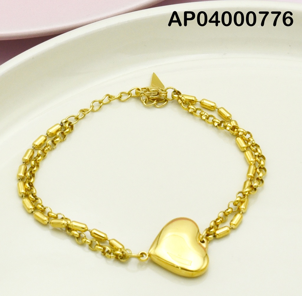 PULSERA DOBLE ESLABONES/CILINDROS CORAZÓN CENTRO